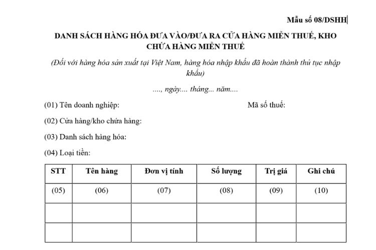 Mẫu Danh sách hàng hóa đưa vào/đưa ra cửa hàng miễn thuế, kho chứa hàng miễn thuế 2 Mẫu Danh sách hàng hóa đưa vào/đưa ra cửa hàng miễn thuế, kho chứa hàng miễn thuế