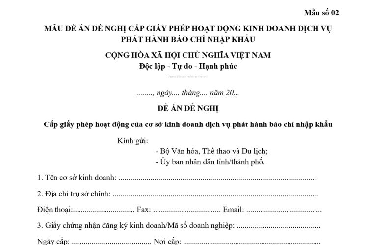 Mẫu Giấy phép hoạt động của cơ sở kinh doanh dịch vụ phát hành báo chí nhập khẩu 2 Mẫu Giấy phép hoạt động của cơ sở kinh doanh dịch vụ phát hành báo chí nhập khẩu
