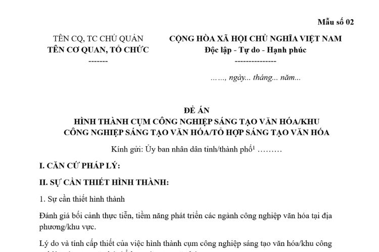 Mẫu Đề án hình thành cụm công nghiệp sáng tạo văn hóa/khu công nghiệp sáng tạo văn hóa/tổ hợp sáng tạo văn hóa 2 Mẫu Đề án hình thành cụm công nghiệp sáng tạo văn hóa/khu công nghiệp sáng tạo văn hóa/tổ hợp sáng tạo văn hóa