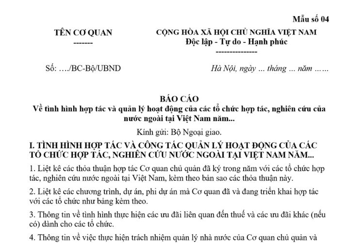 Mẫu Đề cương báo cáo định kỳ của Cơ quan chủ quản phía Việt Nam