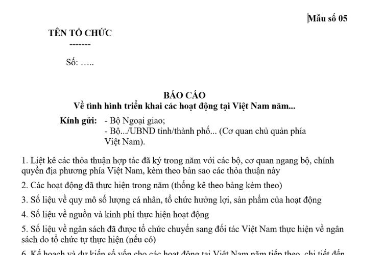 Mẫu Đề cương báo cáo định kỳ của Văn phòng đại diện tổ chức hợp tác, nghiên cứu của nước ngoài tại Việt Nam 2 Mẫu Đề cương báo cáo định kỳ của Văn phòng đại diện tổ chức hợp tác, nghiên cứu của nước ngoài tại Việt Nam
