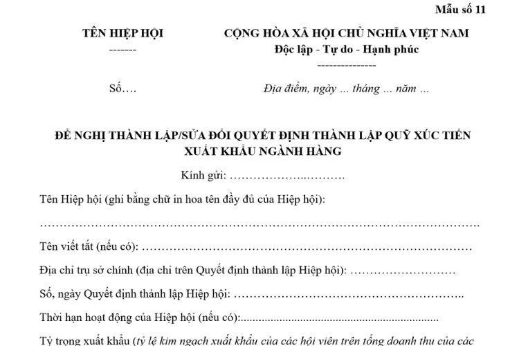 Mẫu Đề nghị thành lập/sửa đổi Quyết định thành lập Quỹ Xúc tiến xuất khẩu ngành hàng 2 Mẫu Đề nghị thành lập/sửa đổi Quyết định thành lập Quỹ Xúc tiến xuất khẩu ngành hàng
