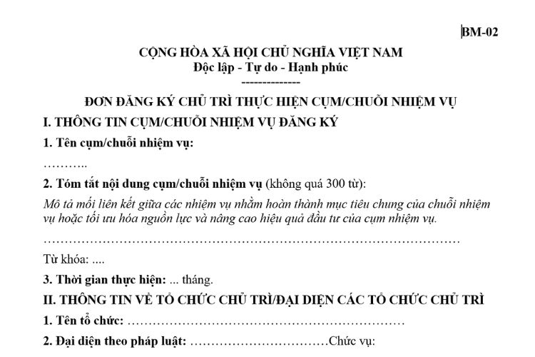 Mẫu Đơn đăng ký chủ trì thực hiện cụm nhiệm vụ/chuỗi nhiệm vụ