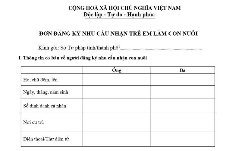 Mẫu Đơn đăng ký nhu cầu nhận trẻ em làm con nuôi