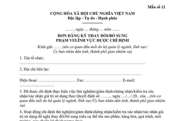 Mẫu Đơn đăng ký thay đổi/bổ sung phạm vi/lĩnh vực chỉ định 2 Mẫu Đơn đăng ký thay đổi/bổ sung phạm vi/lĩnh vực chỉ định