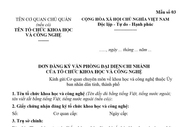 Mẫu Đơn đăng ký văn phòng đại diện/chi nhánh của tổ chức khoa học và công nghệ 2 Mẫu Đơn đăng ký văn phòng đại diện/chi nhánh của tổ chức khoa học và công nghệ