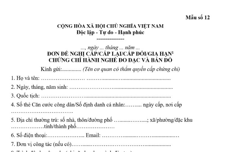 Mẫu Đơn đề nghị cấp/gia hạn/cấp lại/cấp đổi chứng chỉ hành nghề đo đạc và bản đồ 2 Mẫu Đơn đề nghị cấp/gia hạn/cấp lại/cấp đổi chứng chỉ hành nghề đo đạc và bản đồ