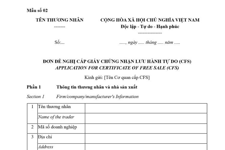 Mẫu Đơn đề nghị cấp Giấy chứng nhận lưu hành tự do (CFS) 2 Mẫu Đơn đề nghị cấp Giấy chứng nhận lưu hành tự do (CFS)