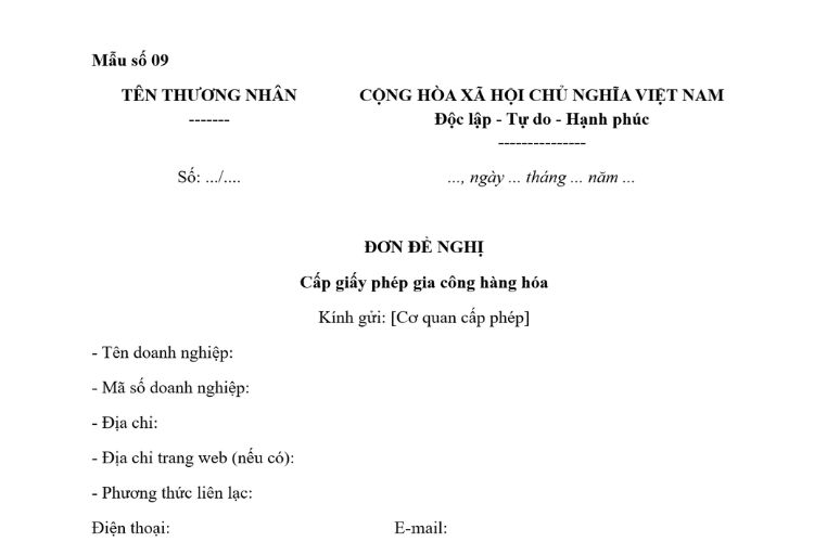 Mẫu Đơn đề nghị cấp Giấy phép gia công hàng hóa 2 Mẫu Đơn đề nghị cấp Giấy phép gia công hàng hóa