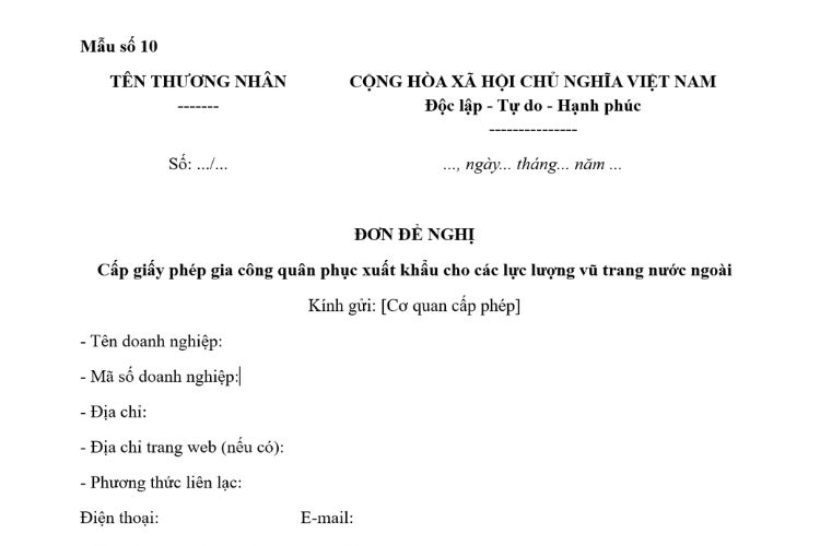 Mẫu Đơn đề nghị cấp Giấy phép gia công quân phục xuất khẩu cho các lực lượng vũ trang nước ngoài