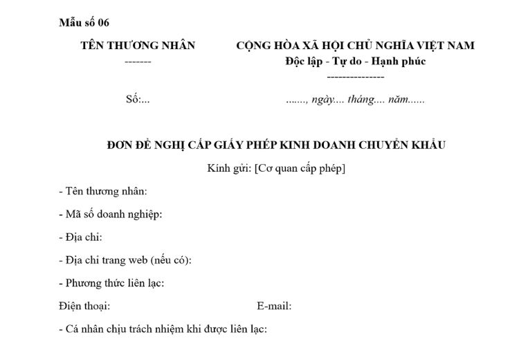 Mẫu Đơn đề nghị cấp Giấy phép kinh doanh chuyển khẩu