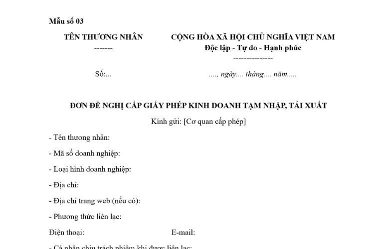 Mẫu Đơn đề nghị cấp Giấy phép kinh doanh tạm nhập, tái xuất