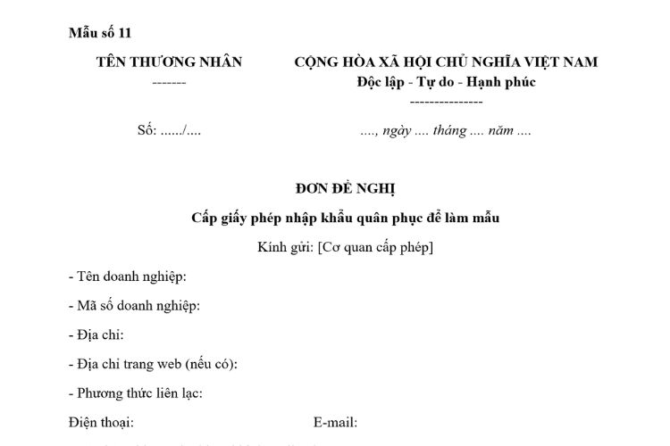 Mẫu Đơn đề nghị cấp Giấy phép nhập khẩu quân phục để làm mẫu 2 Mẫu Đơn đề nghị cấp Giấy phép nhập khẩu quân phục để làm mẫu
