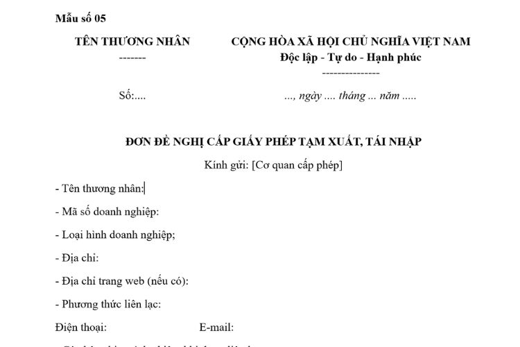 Mẫu Đơn đề nghị cấp Giấy phép tạm xuất, tái nhập
