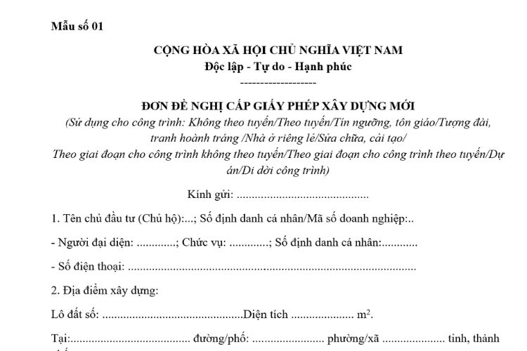 Mẫu Đơn đề nghị cấp giấy phép xây dựng mới 2 Mẫu Đơn đề nghị cấp giấy phép xây dựng mới
