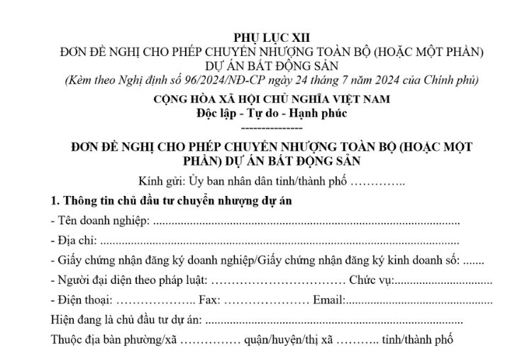 Mẫu Đơn đề nghị cho phép chuyển nhượng toàn bộ (hoặc một phần) dự án bất động sản