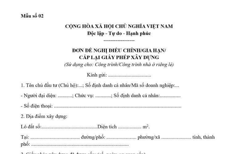 Mẫu Đơn đề nghị điều chỉnh/gia hạn/cấp lại giấy phép xây dựng