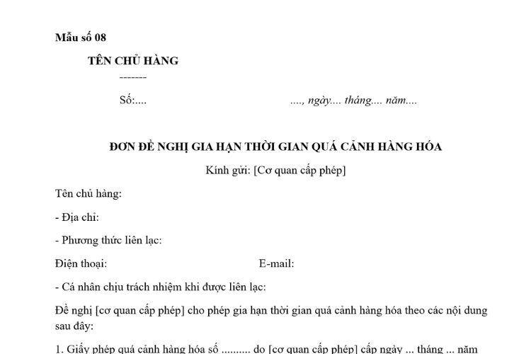 Mẫu Đơn đề nghị gia hạn thời gian quá cảnh hàng hóa 2 Mẫu Đơn đề nghị gia hạn thời gian quá cảnh hàng hóa