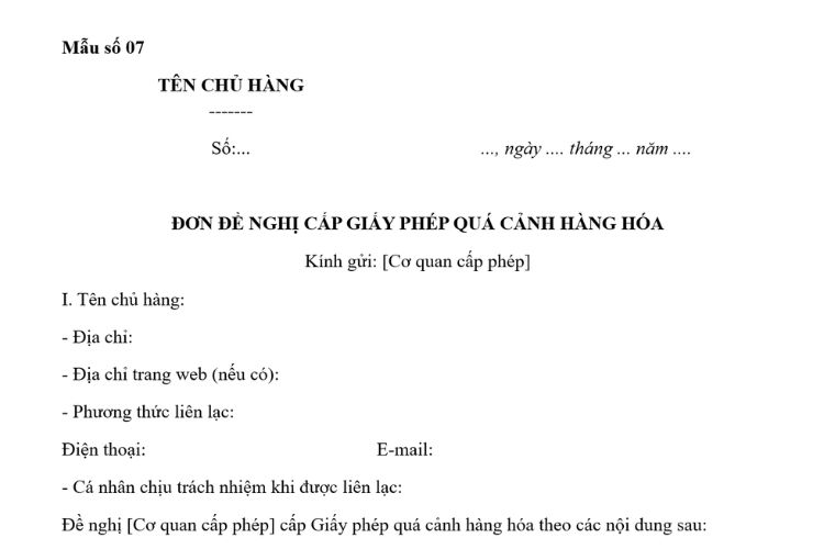 Mẫu Đơn đề nghị quá cảnh hàng hóa