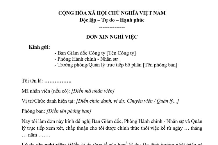 Mẫu Đơn xin nghỉ việc mới nhất 2026