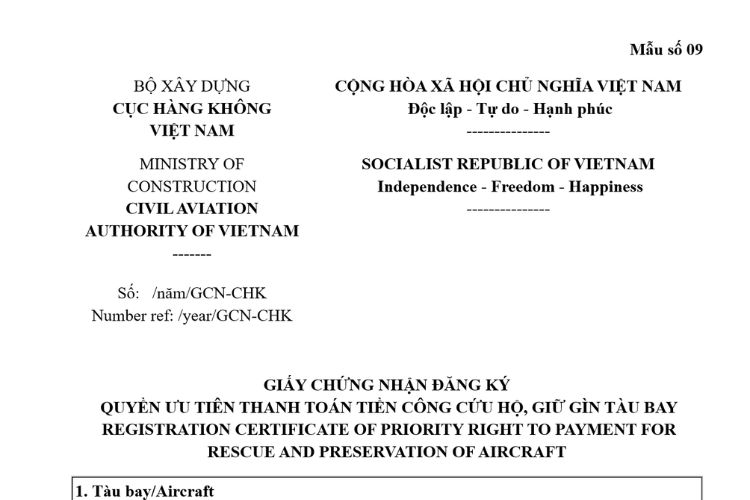 Mẫu Giấy chứng nhận đăng ký quyền ưu tiên thanh toán tiền công cứu hộ, giữ gìn tàu bay