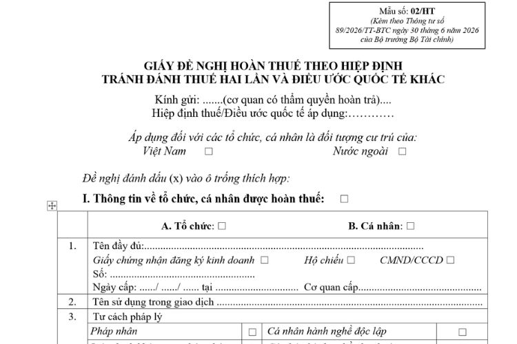 Mẫu Giấy đề nghị hoàn thuế theo hiệp định tránh đánh thuế hai lần và điều ước quốc tế khác 2 Mẫu Giấy đề nghị hoàn thuế theo hiệp định tránh đánh thuế hai lần và điều ước quốc tế khác