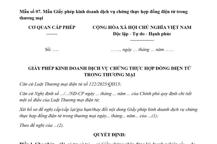 Mẫu Giấy phép kinh doanh dịch vụ chứng thực hợp đồng điện tử trong thương mại 2 Mẫu Giấy phép kinh doanh dịch vụ chứng thực hợp đồng điện tử trong thương mại