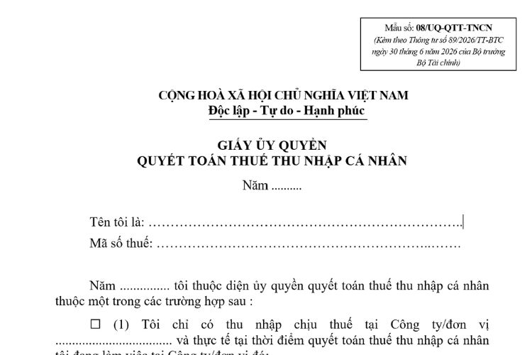 Mẫu Giấy ủy quyền quyết toán thuế thu nhập cá nhân