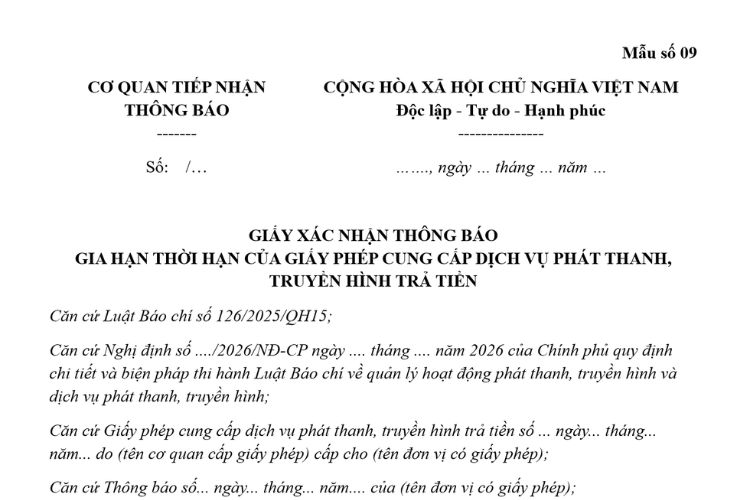 Mẫu Giấy xác nhận thông báo gia hạn thời hạn của Giấy phép cung cấp dịch vụ phát thanh, truyền hình trả tiền