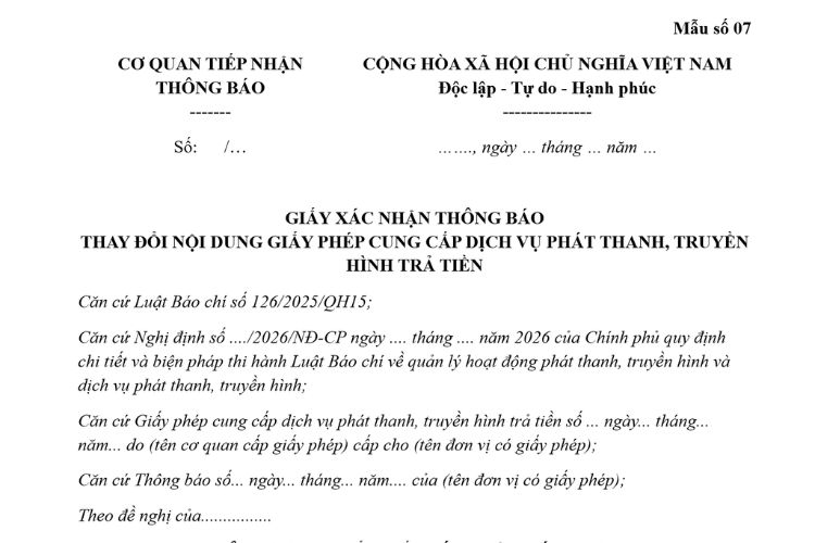 Mẫu Giấy xác nhận thông báo thay đổi nội dung Giấy phép cung cấp dịch vụ phát thanh, truyền hình trả tiền 2 Mẫu Giấy xác nhận thông báo thay đổi nội dung Giấy phép cung cấp dịch vụ phát thanh, truyền hình trả tiền