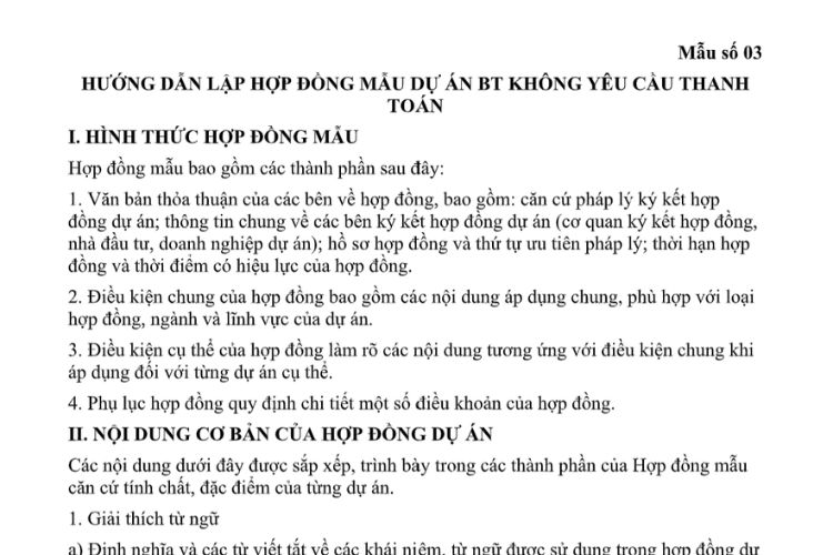 Mẫu Hợp đồng mẫu dự án BT không yêu cầu thanh toán 2 Mẫu Hợp đồng mẫu dự án BT không yêu cầu thanh toán