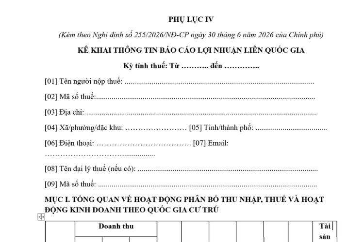 Mẫu Kê khai thông tin báo cáo lợi nhuận liên quốc gia