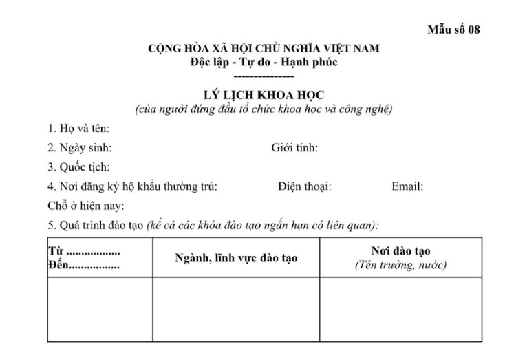 Mẫu Lý lịch khoa học của người đứng đầu tổ chức