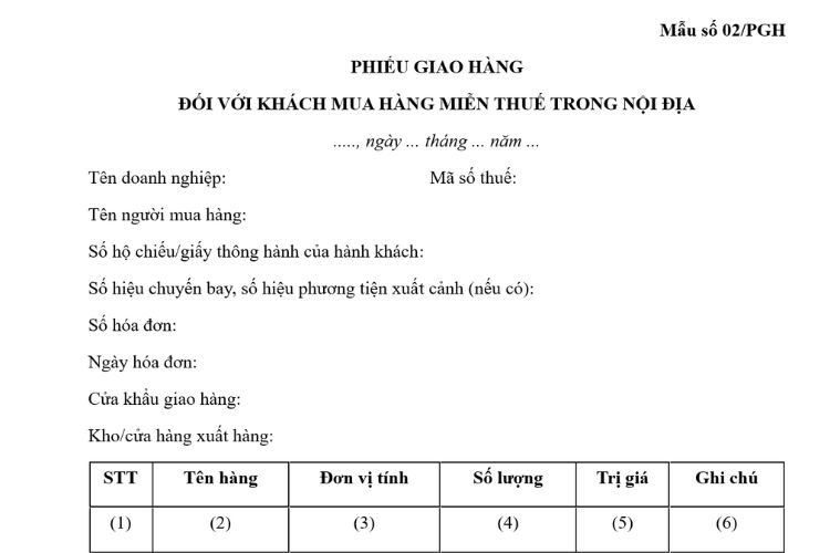 Mẫu Phiếu giao hàng đối với khách mua hàng miễn thuế trong nội địa 2 Mẫu Phiếu giao hàng đối với khách mua hàng miễn thuế trong nội địa