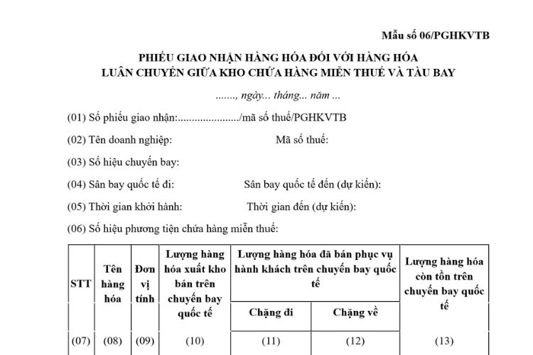 Mẫu Phiếu giao nhận hàng hóa đối với hàng hóa luân chuyển giữa kho chứa hàng miễn thuế và tàu bay