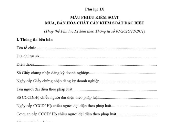 Mẫu Phiếu kiểm soát mua, bán hóa chất cần kiểm soát đặc biệt 2 Mẫu Phiếu kiểm soát mua, bán hóa chất cần kiểm soát đặc biệt