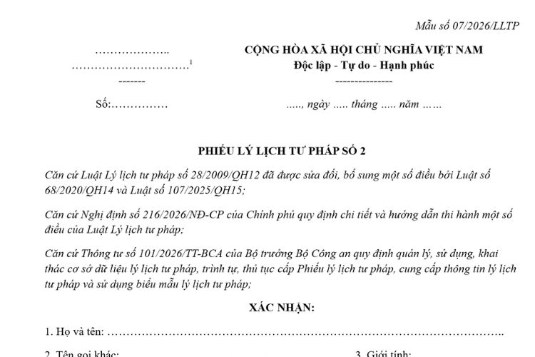 Mẫu Phiếu lý lịch tư pháp số 2