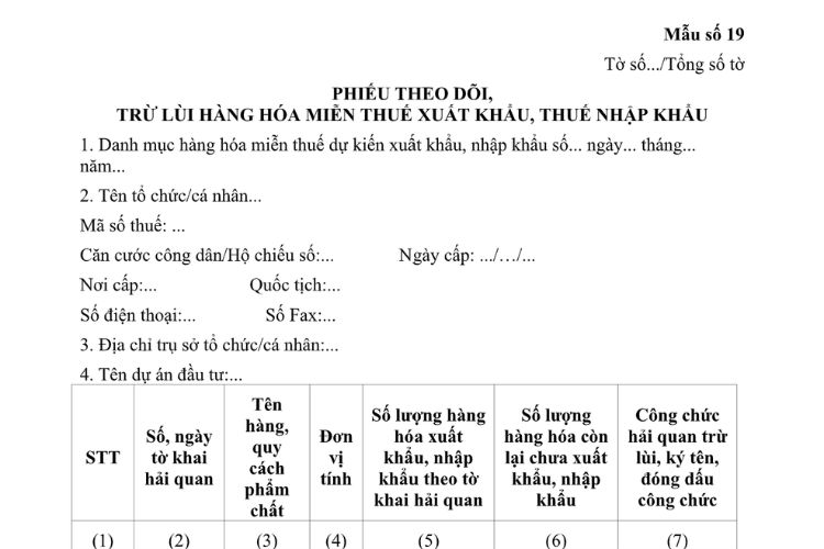Mẫu Phiếu theo dõi, trừ lùi hàng hóa miễn thuế xuất khẩu, thuế nhập khẩu 2 Mẫu Phiếu theo dõi, trừ lùi hàng hóa miễn thuế xuất khẩu, thuế nhập khẩu