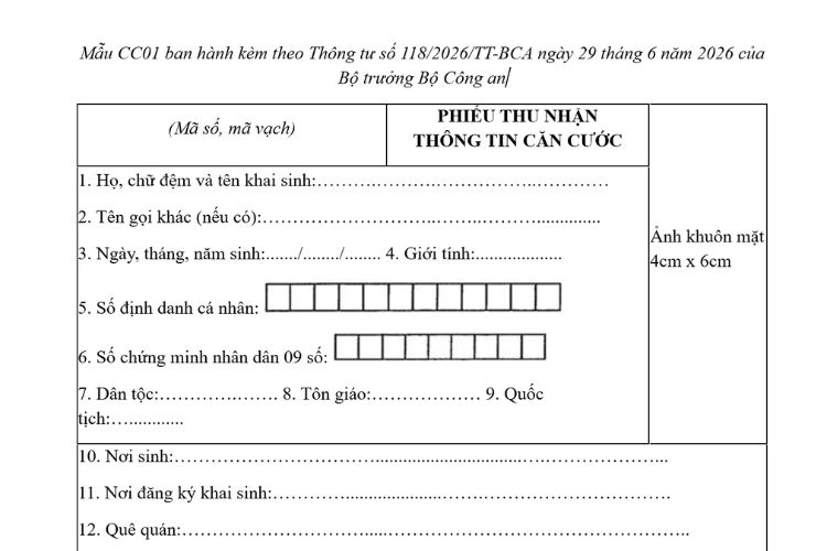 Mẫu Phiếu thu nhận thông tin căn cước (Mẫu CC01)