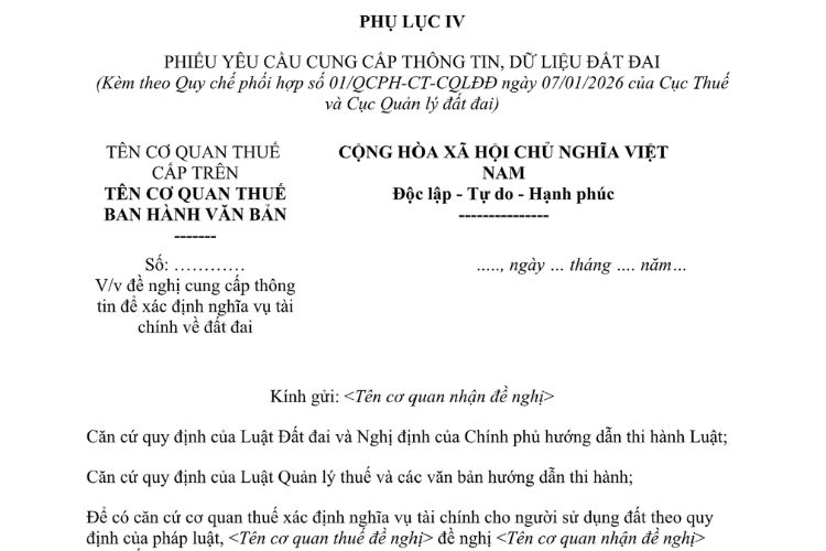 Mẫu Phiếu yêu cầu cung cấp thông tin, dữ liệu đất đai (để xác định nghĩa vụ tài chính về đất đai) 2 Mẫu Phiếu yêu cầu cung cấp thông tin, dữ liệu đất đai (để xác định nghĩa vụ tài chính về đất đai)