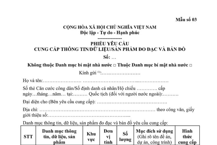 Mẫu Phiếu yêu cầu cung cấp thông tin, dữ liệu, sản phẩm đo đạc và bản đồ