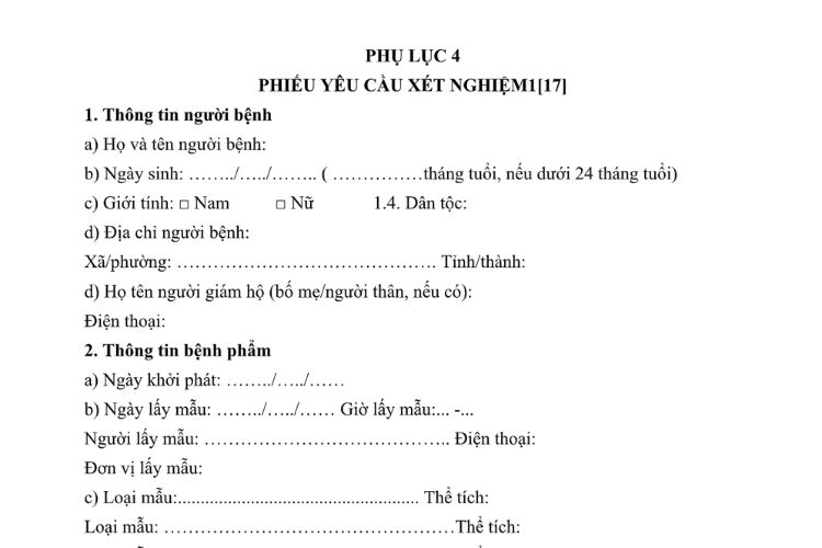 Mẫu Phiếu yêu cầu xét nghiệm vi rút Nipah