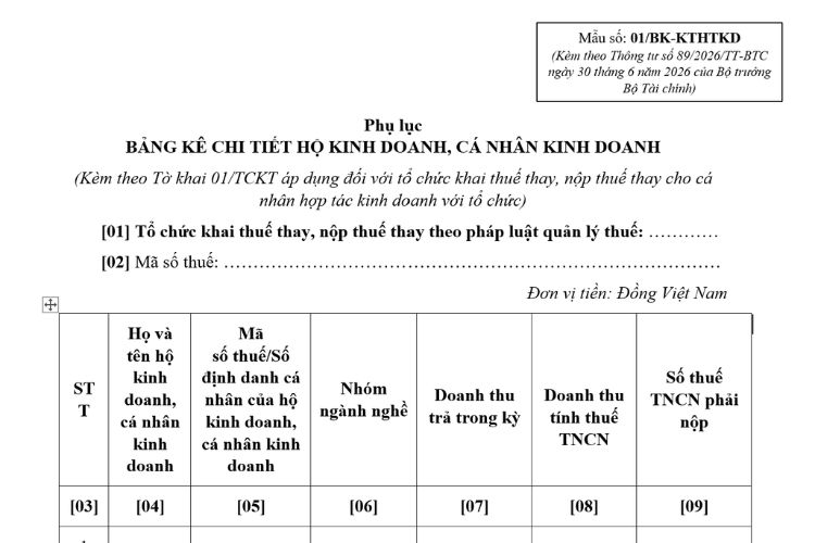 Mẫu Phụ lục bảng kê chi tiết hộ kinh doanh, cá nhân kinh doanh