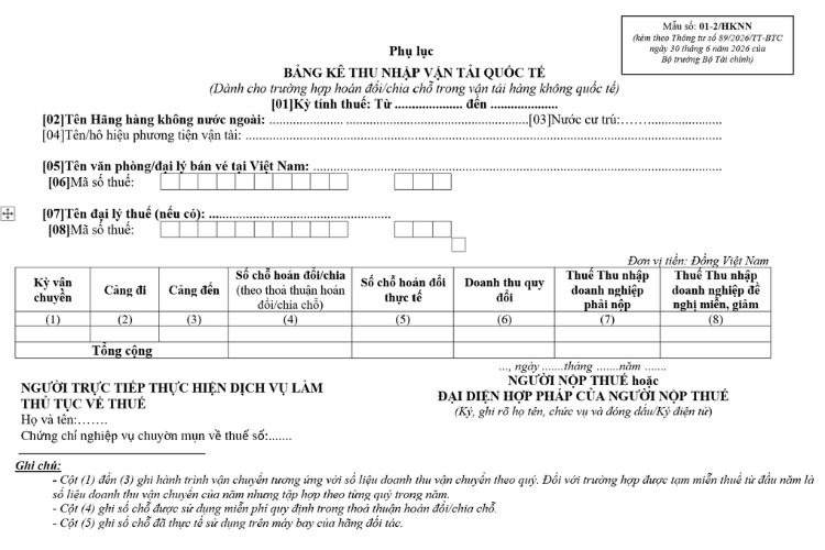 Mẫu Phụ lục bảng kê thu nhập vận tải quốc tế (Mẫu số: 01-2/HKNN)