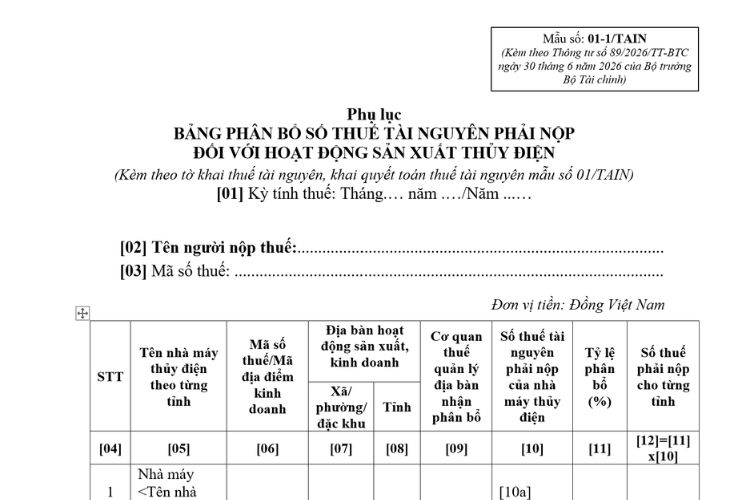 Mẫu Phụ lục bảng phân bổ số thuế tài nguyên phải nộp đối với hoạt động sản xuất thủy điện