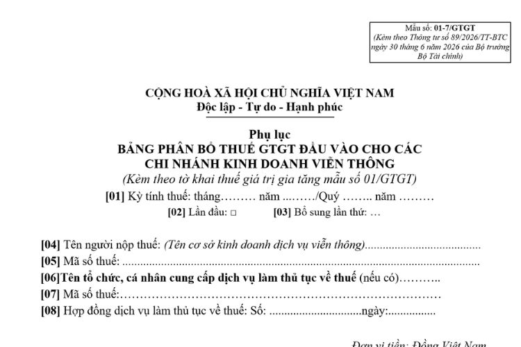 Mẫu Phụ lục Bảng phân bổ thuế GTGT đầu vào cho các chi nhánh kinh doanh viễn thông
