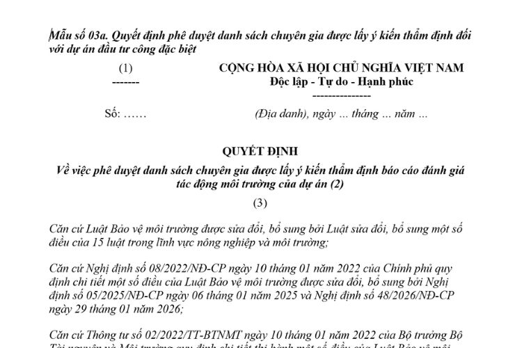 Mẫu Quyết định phê duyệt danh sách chuyên gia được lấy ý kiến thẩm định đối với dự án đầu tư công đặc biệt