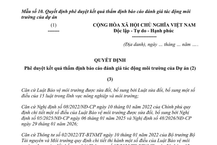 Mẫu Quyết định phê duyệt kết quả thẩm định báo cáo đánh giá tác động môi trường của dự án