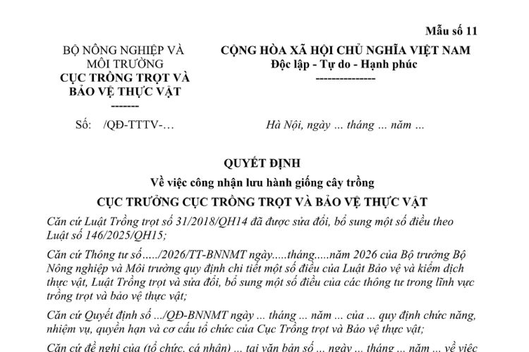 Mẫu Quyết định về việc công nhận lưu hành giống cây trồng