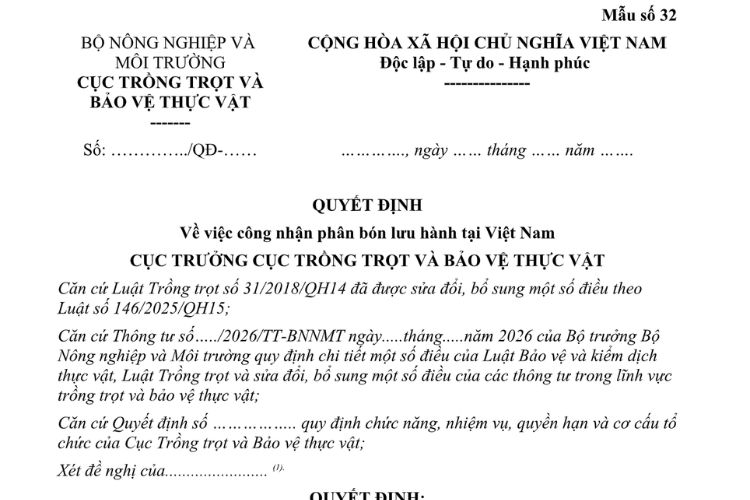 Mẫu Quyết định về việc công nhận phân bón lưu hành tại Việt Nam